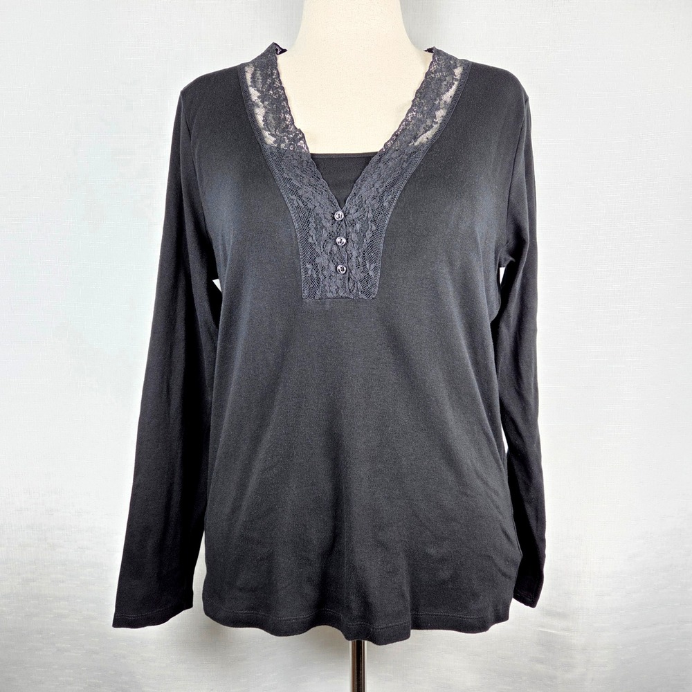 Lauren Ralph Lauren Women's XL Black Lace Trim Long‎ Sleeve Knit Top V Neck